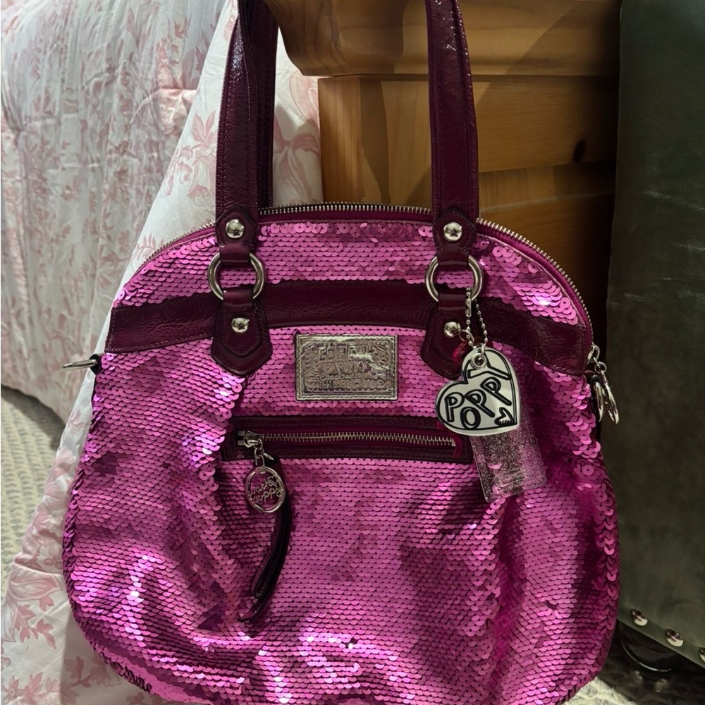 Coach Poppy Pink Sequin Women's Bag with charms